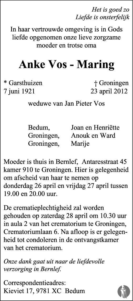 overlijdensadvertentie anke vos-maring in 2012.